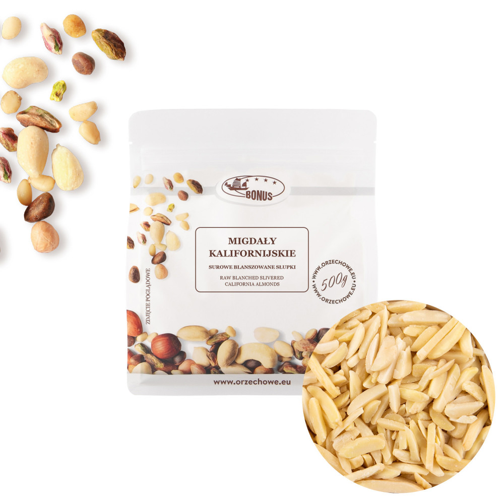 Migdały kalifornijskie surowe blanszowane słupki