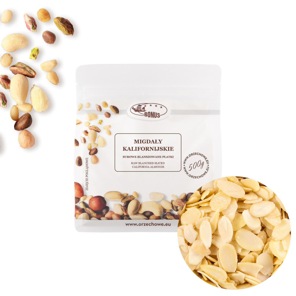 Migdały kalifornijskie surowe blanszowane płatki